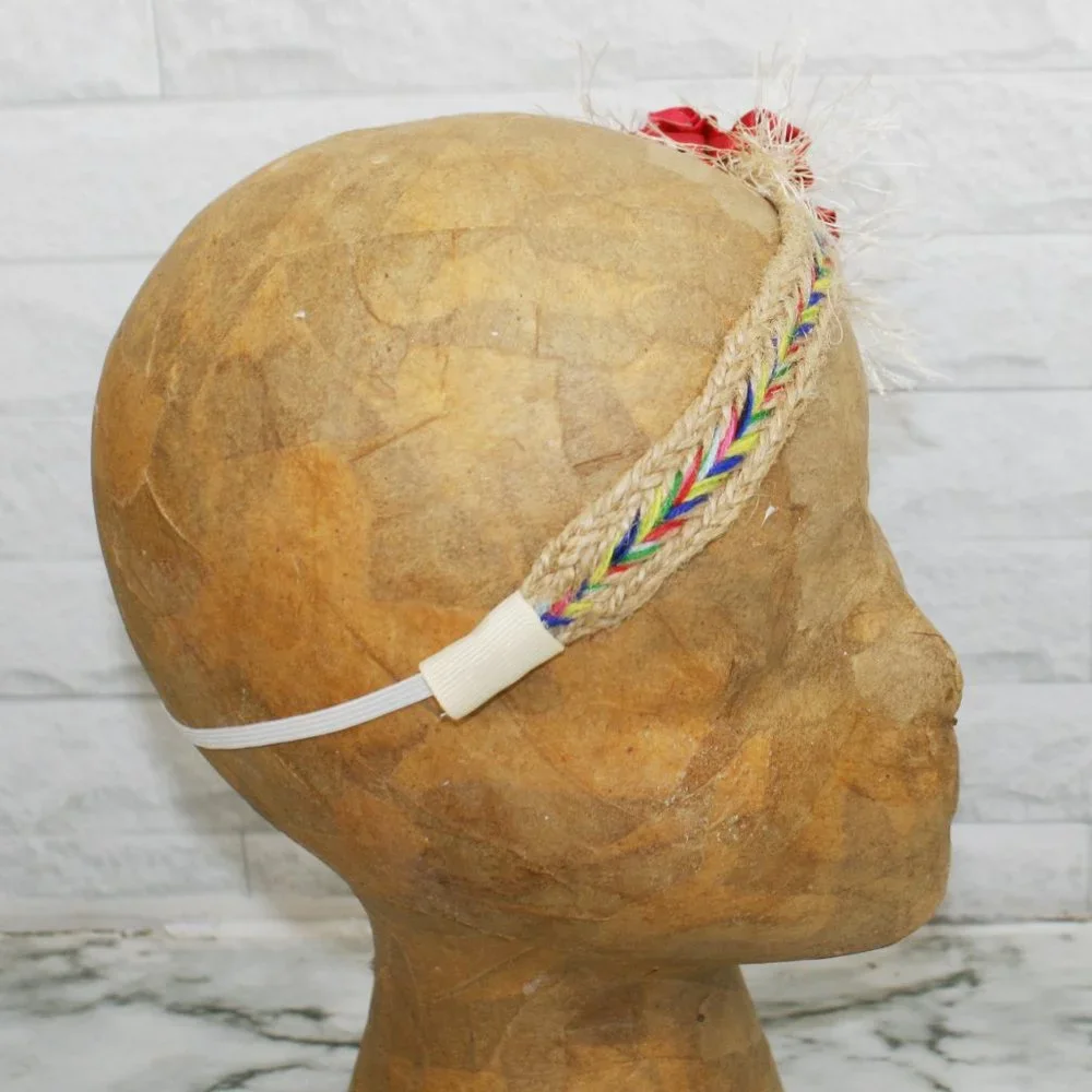 HAND CRAFTED Girls Headband Floral Braided Colorful Boho Red Rose Hair Accessory